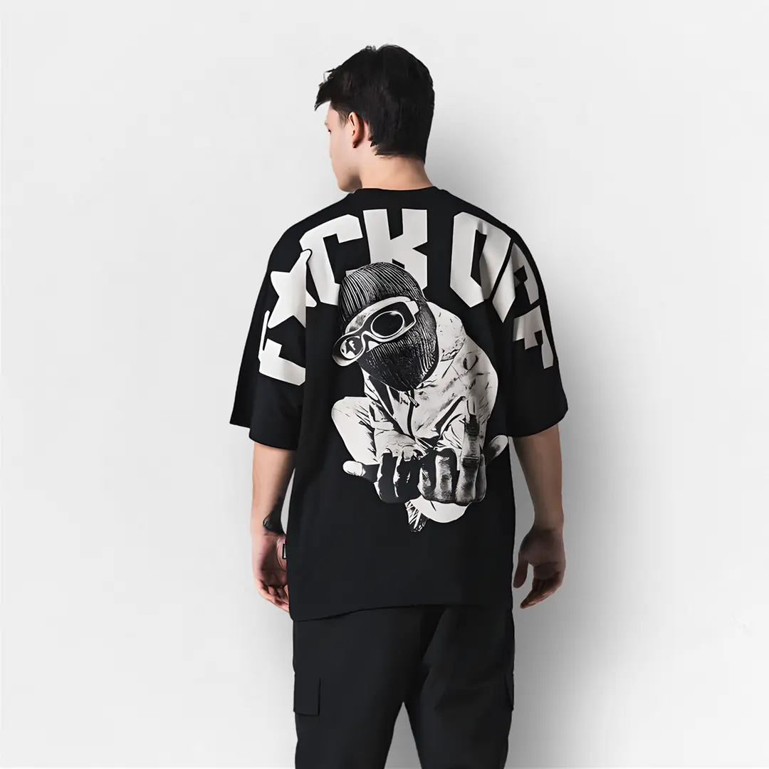 Siyah FUCK OFF Baskılı Unisex Oversize Tişört
