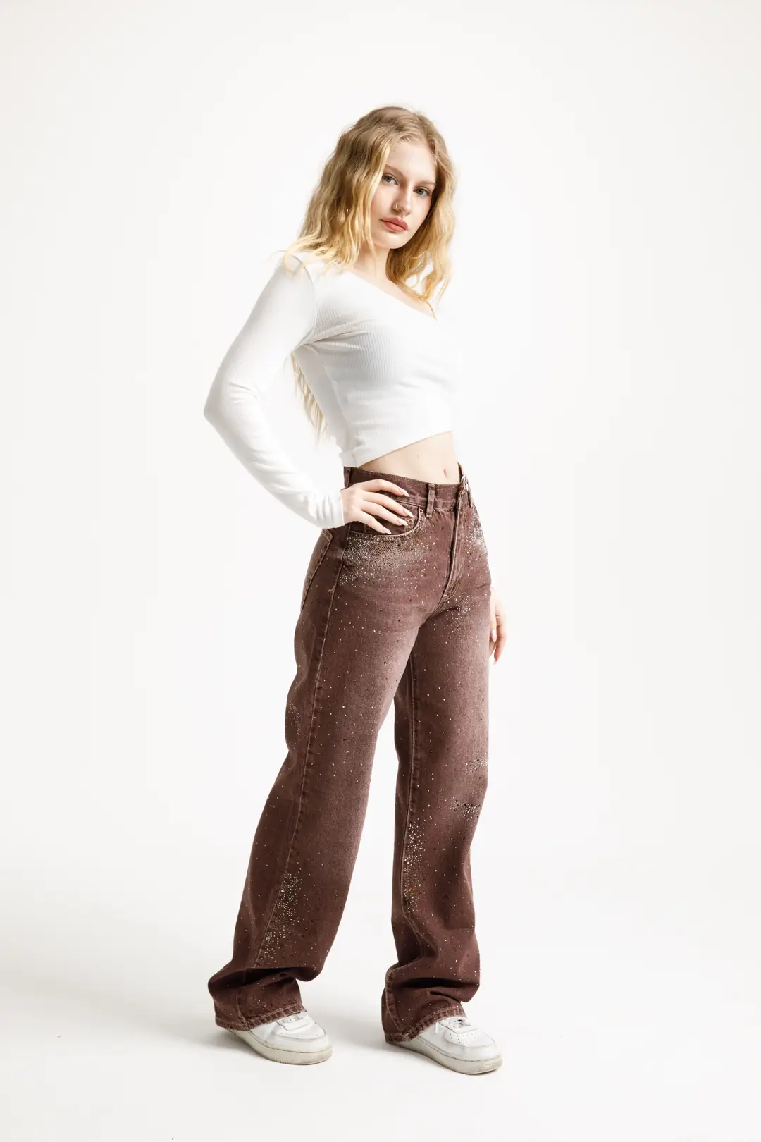 Acı Kahve Taşlı Loose Fit Jean