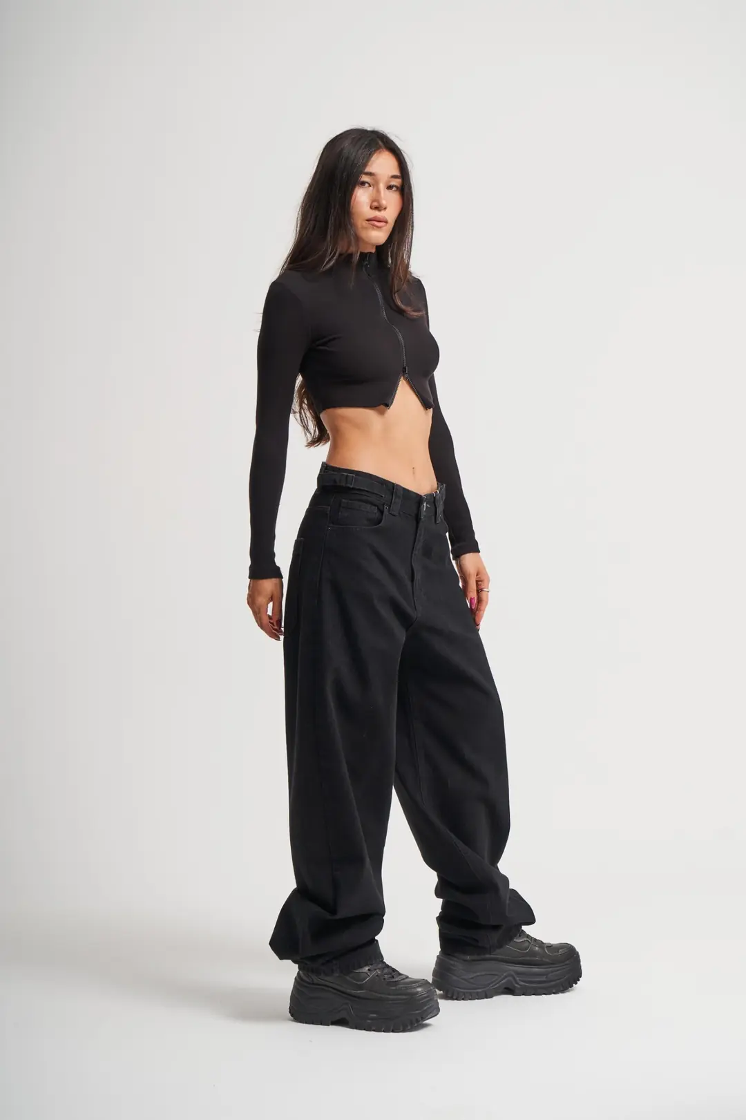 Siyah Kemer Detay Wide Leg Jean