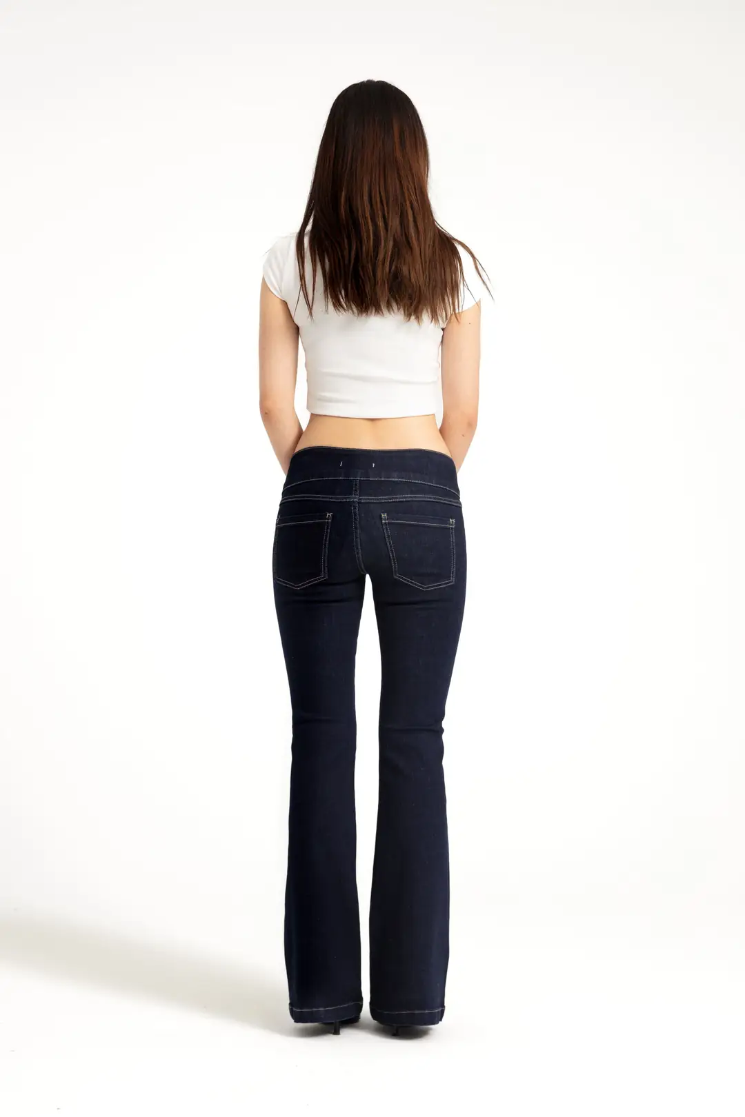 Koyu İndigo Orta Bel Flare Jean
