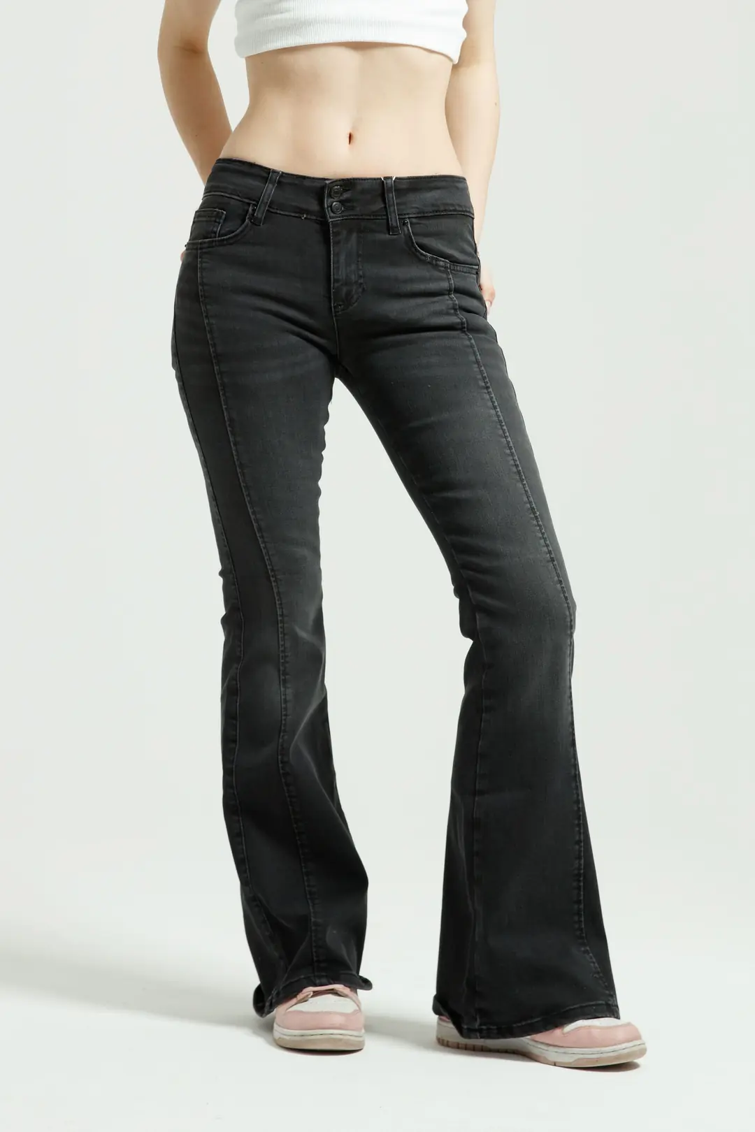 Antrasit Orta Bel Flare Jean