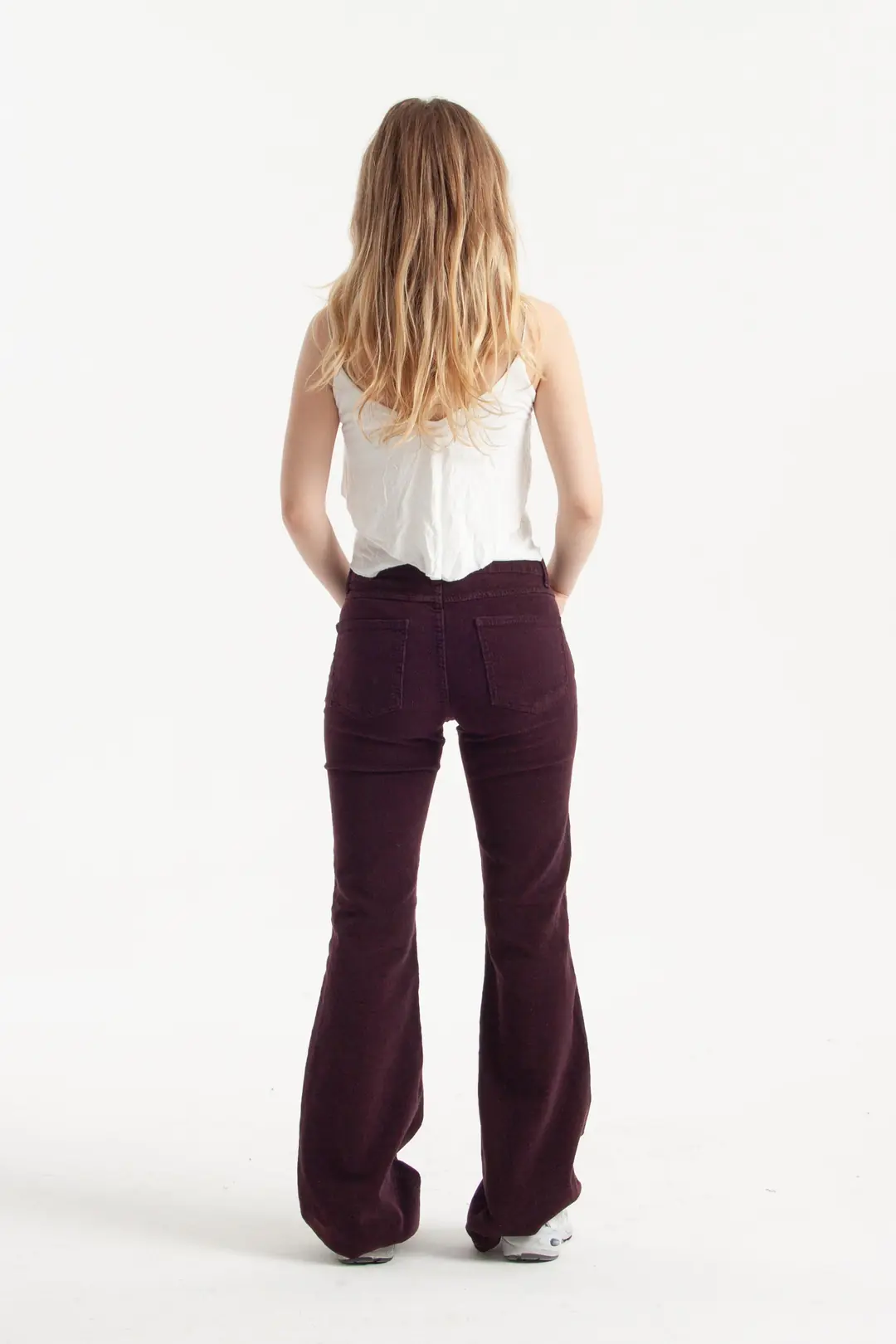 Mor İnce Fitilli Kadife Kumaş Flare Jean