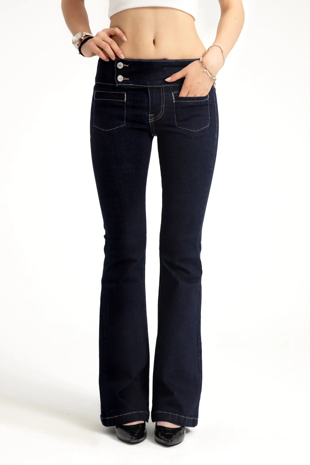 Koyu İndigo Orta Bel Flare Jean