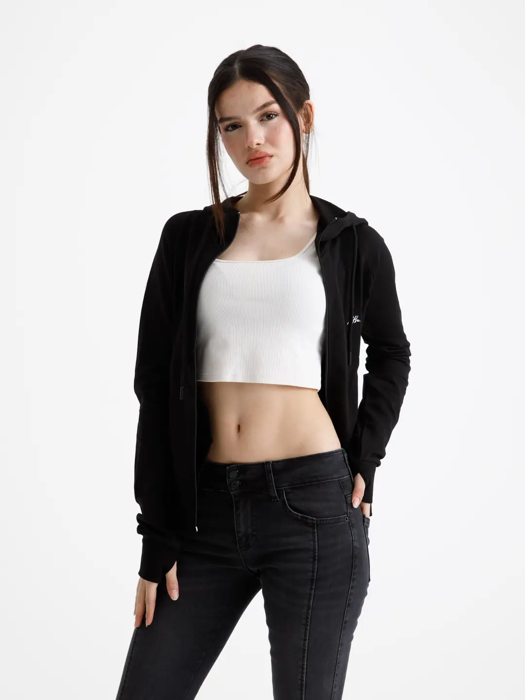 Siyah Vücuda Oturan Yazlık Zip-Hoodie