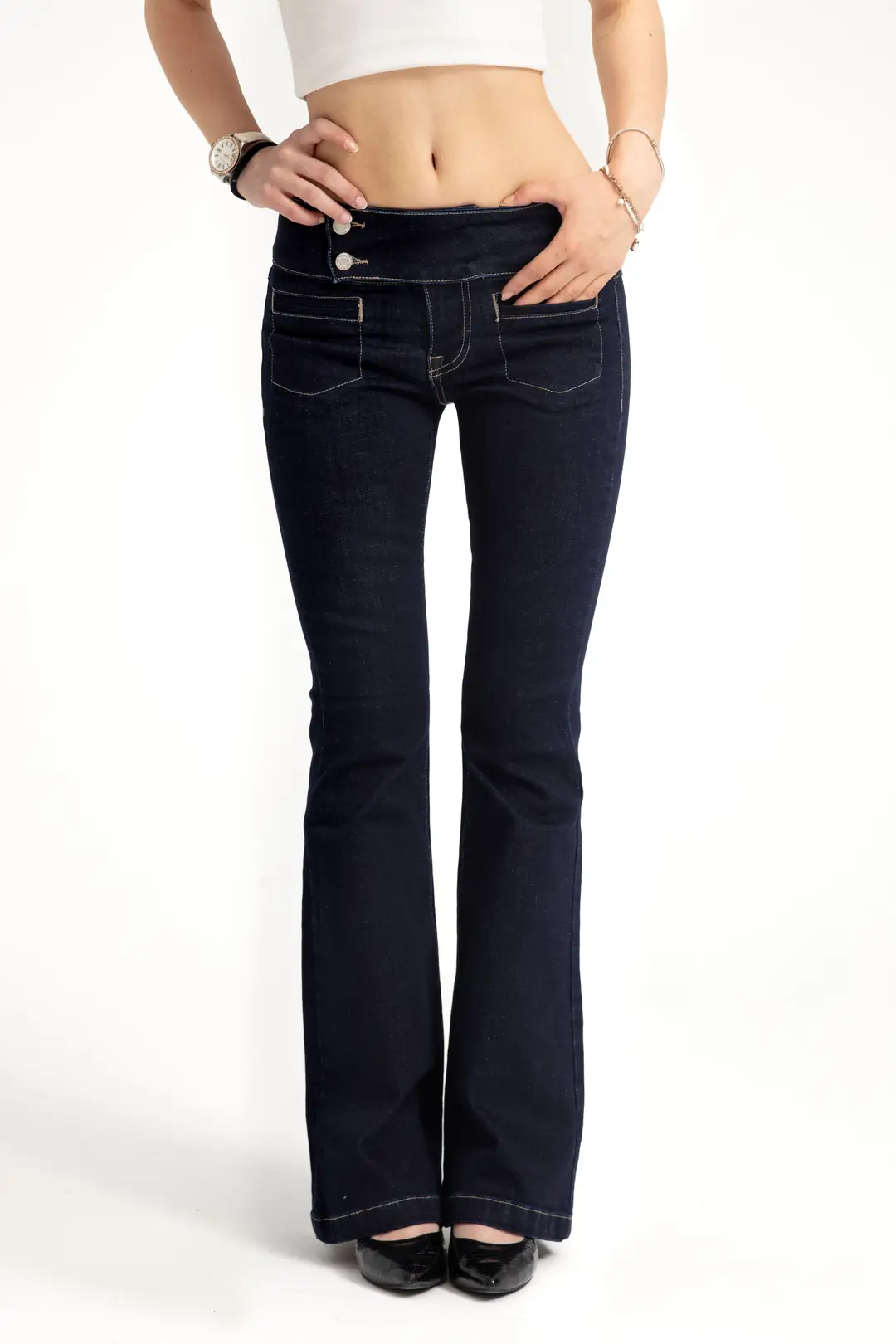 Koyu İndigo Orta Bel Flare Jean