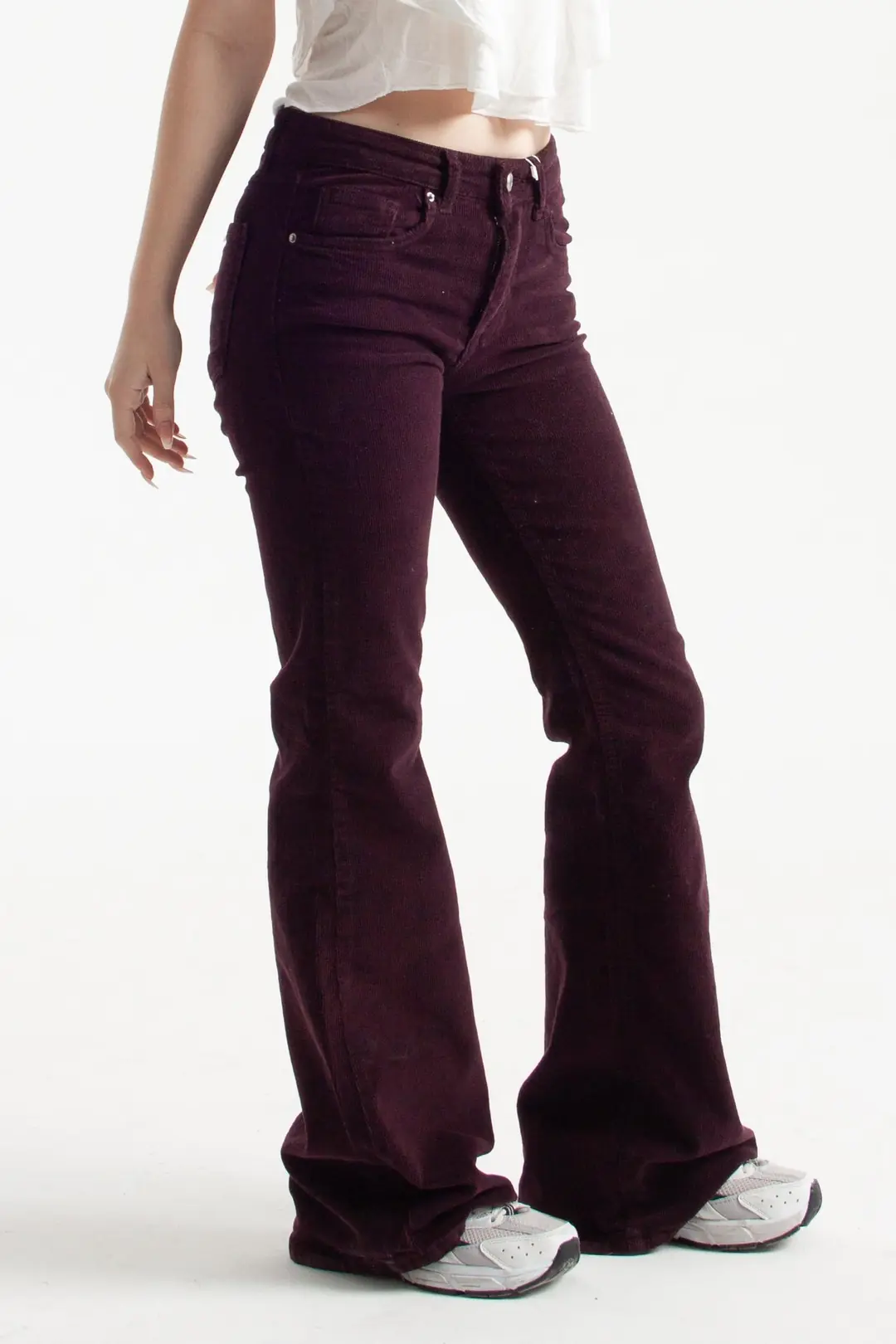 Mor İnce Fitilli Kadife Kumaş Flare Jean