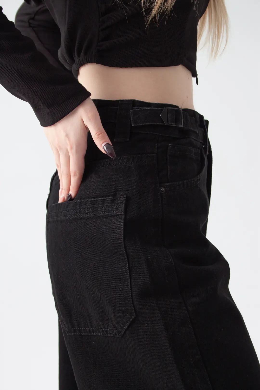 Siyah Kemer Detay Wide Leg Jean