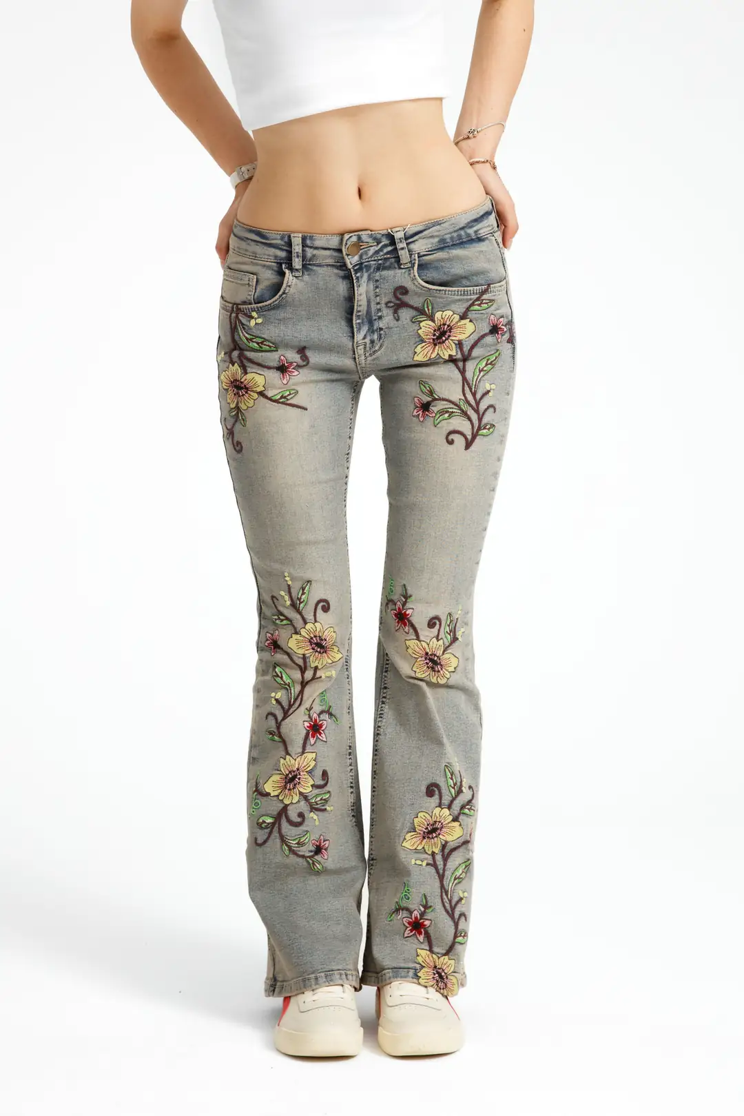 Çiçek Desenli Flare Jean