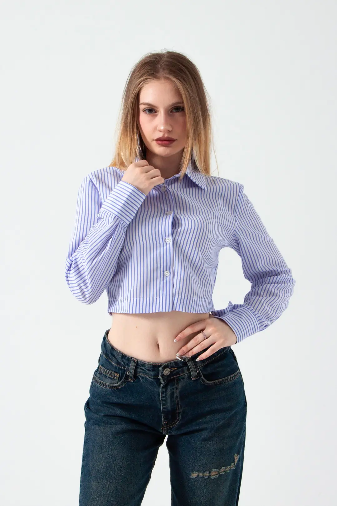 Ürün görseli: Mavi Çizgili Crop Gömlek