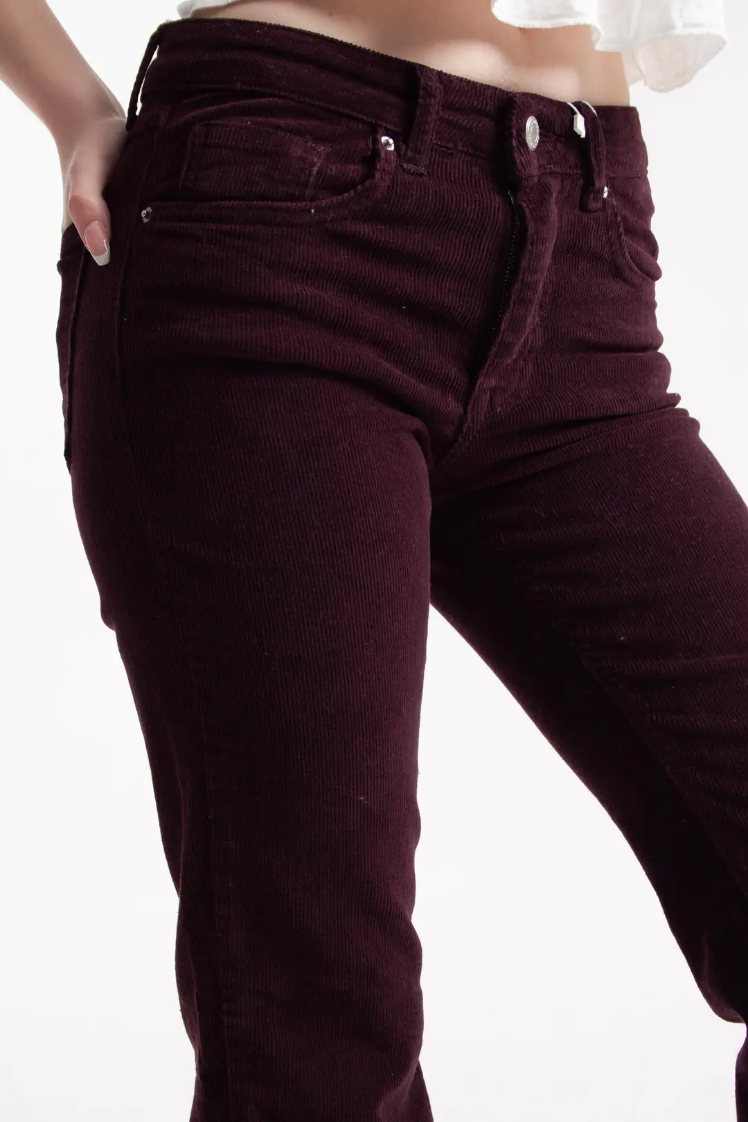 Mor İnce Fitilli Kadife Kumaş Flare Jean