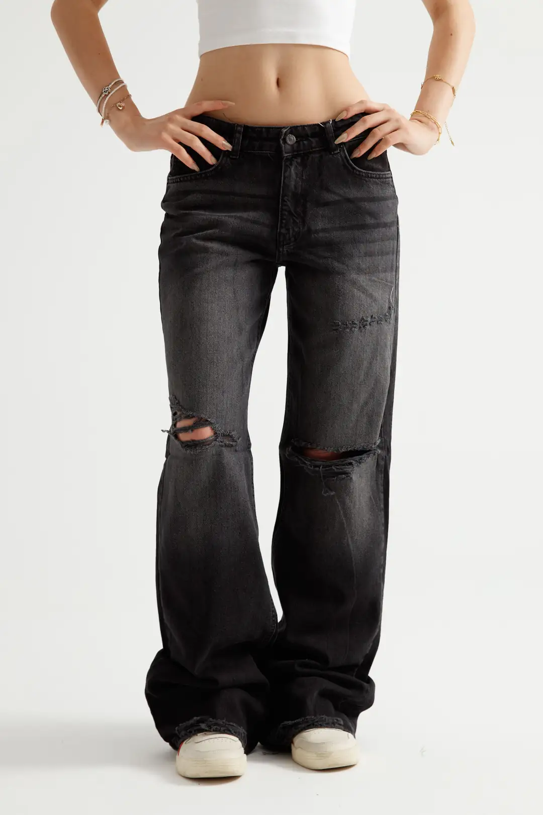 Antrasit Yırtıklı Baggy Flare Jean
