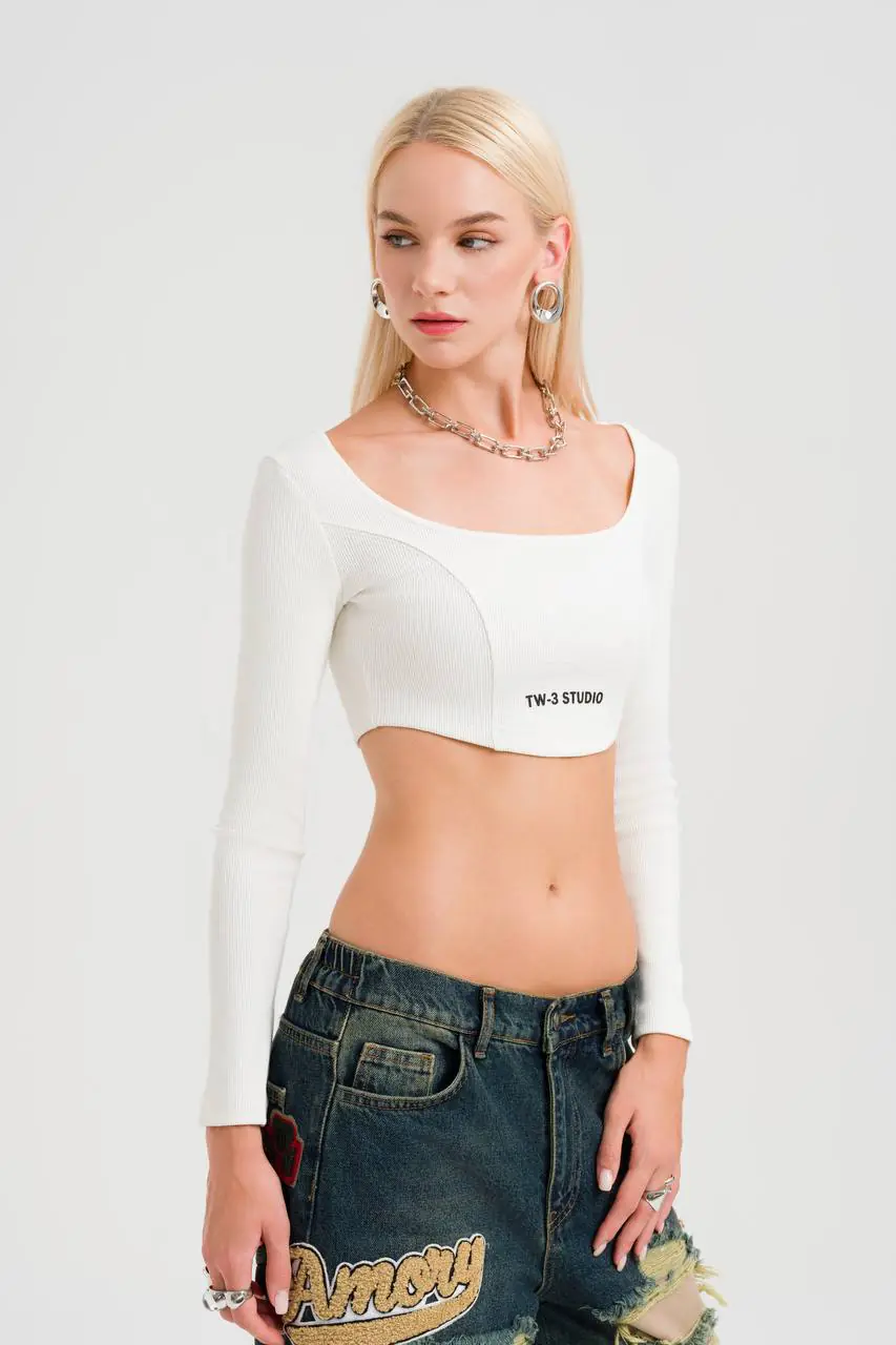 Beyaz Uzun Kollu TW-3 Premium Crop-Top