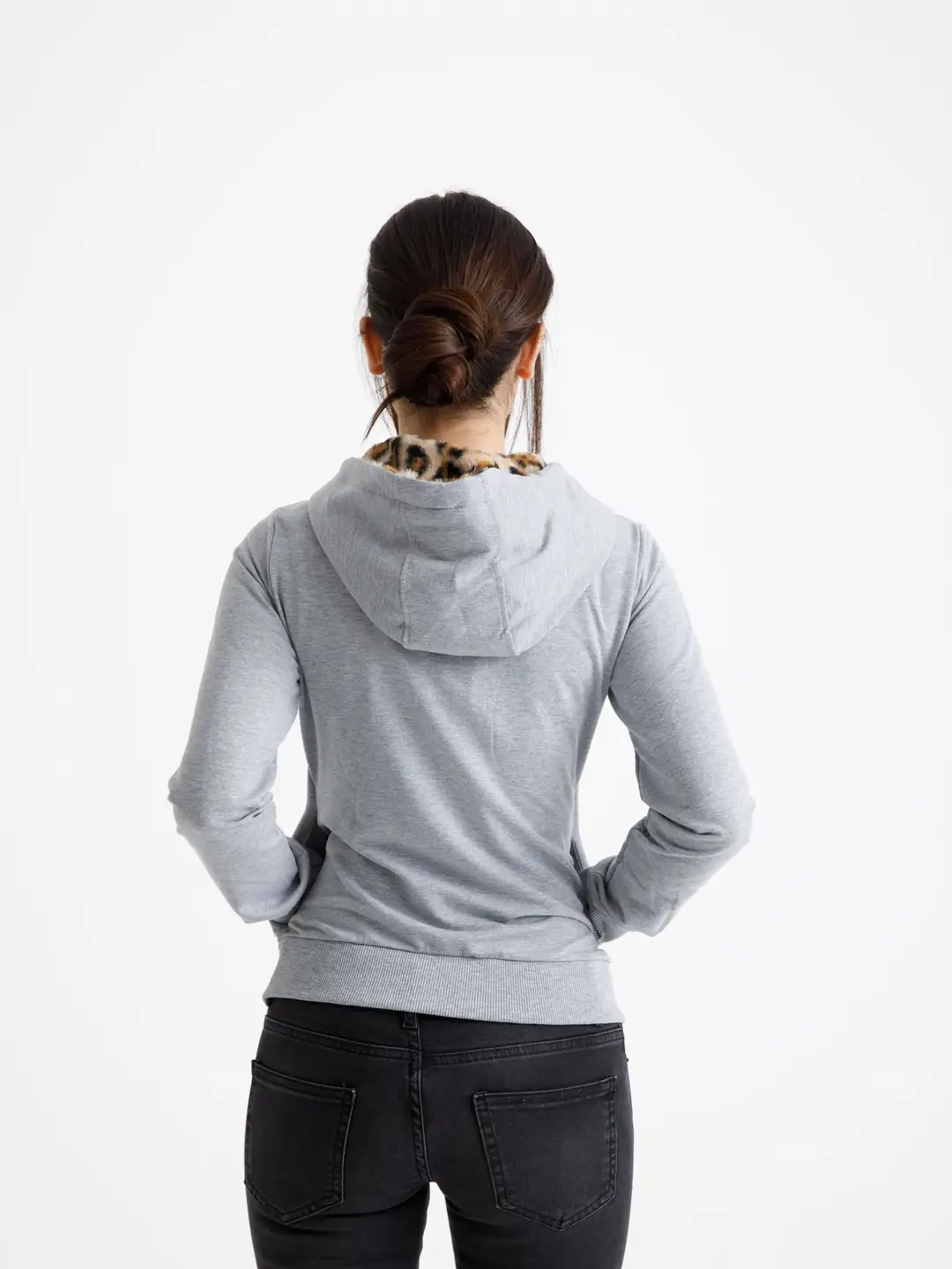 Gri Vücuda Oturan Leoparlı Yazlık Zip-Hoodie