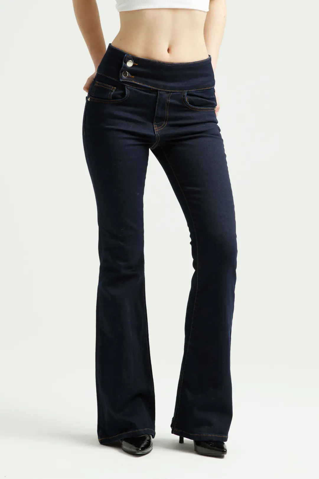 Koyu İndigo Çift Düğmeli Flare Jean