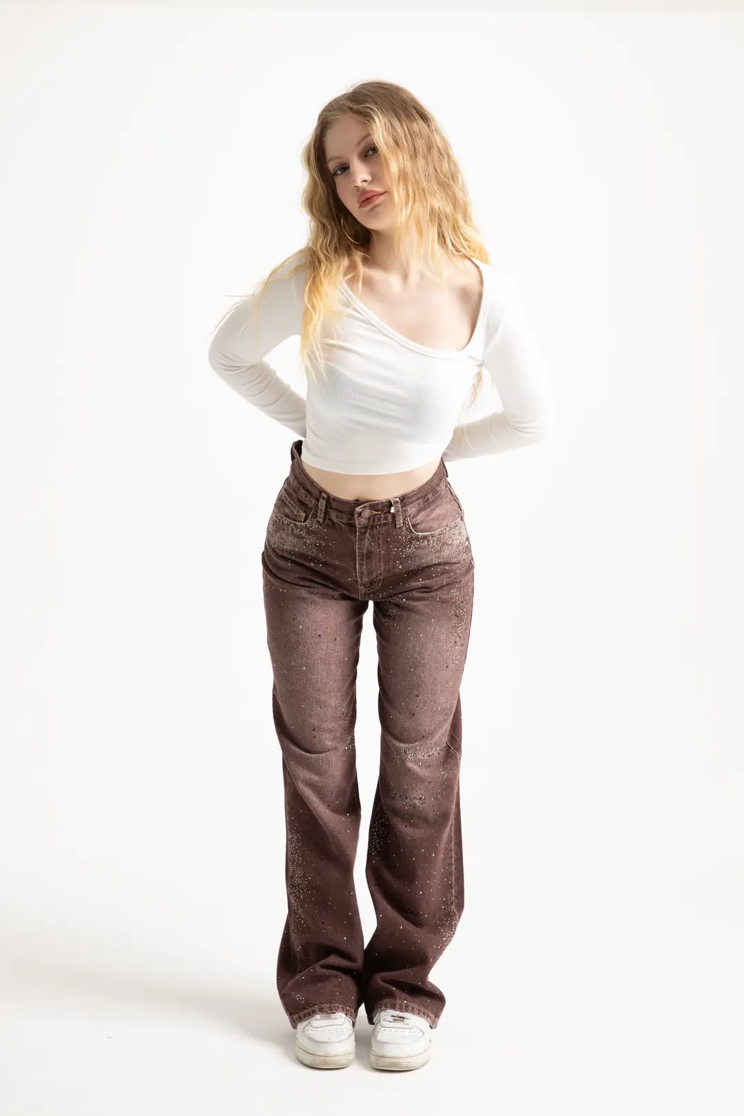Acı Kahve Taşlı Loose Fit Jean
