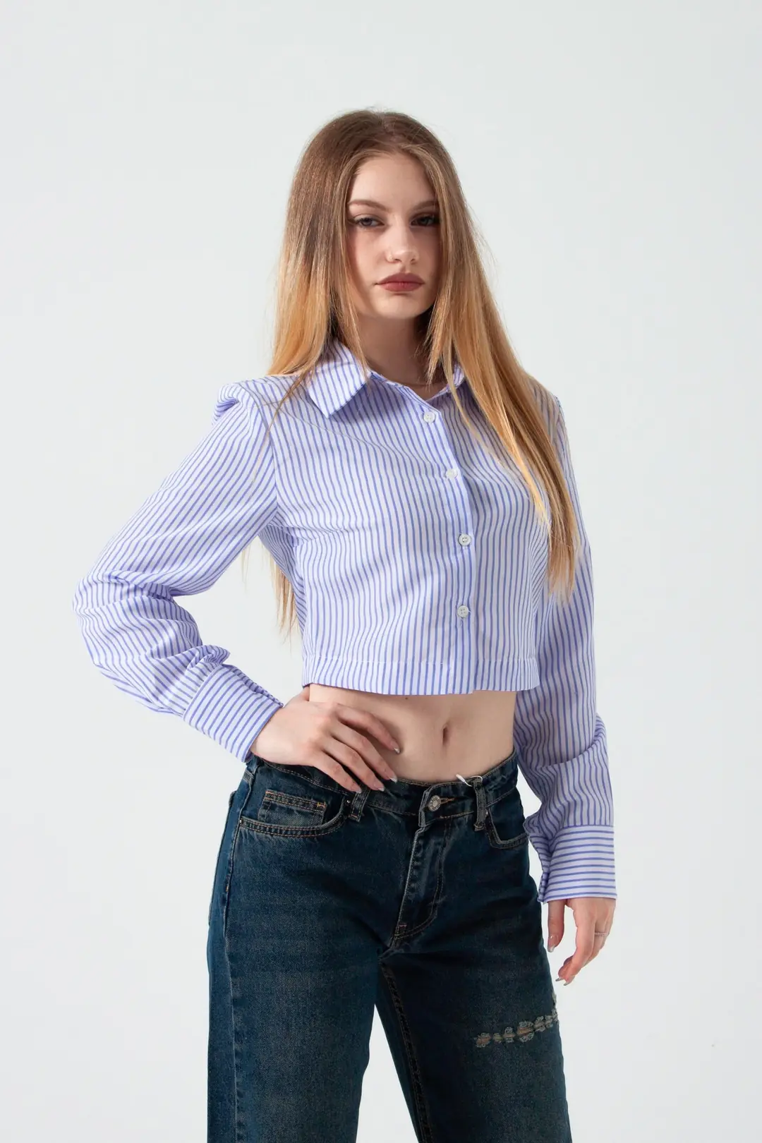 Mavi Çizgili Crop Gömlek