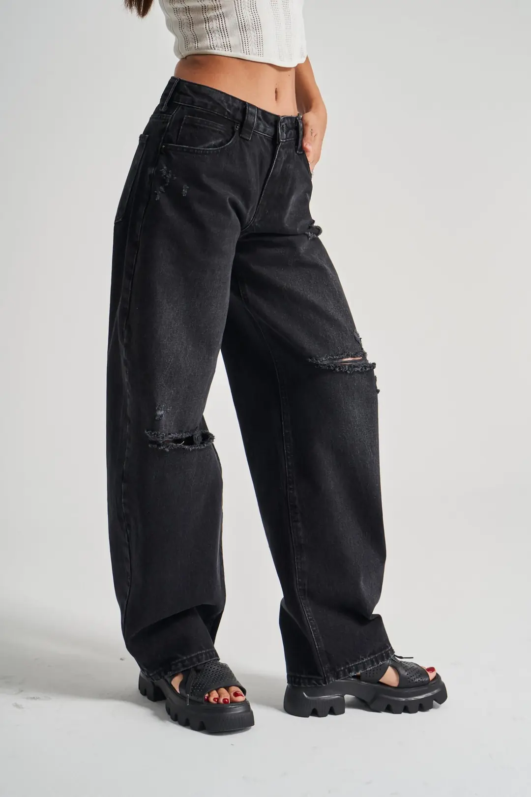 Antrasit Yırtıklı Baggy Baloon Jean