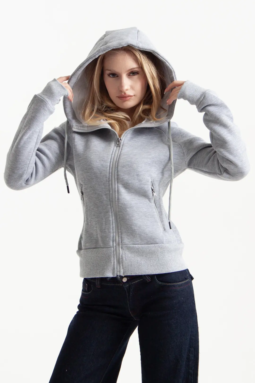 Gri Vücuda Oturan Kışlık Zip-Hoodie
