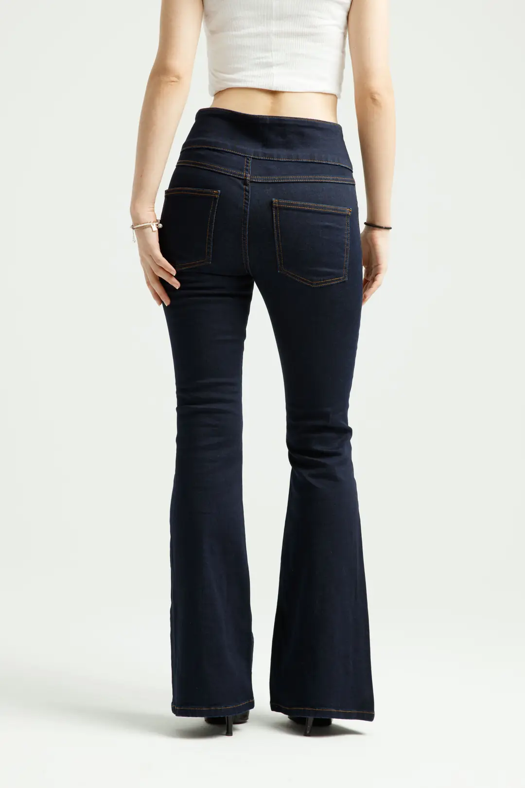 Koyu İndigo Çift Düğmeli Flare Jean