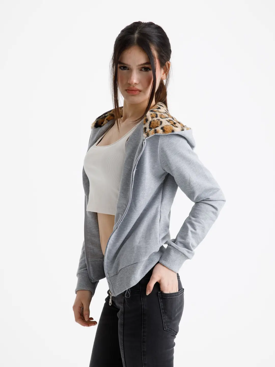 Gri Vücuda Oturan Leoparlı Yazlık Zip-Hoodie