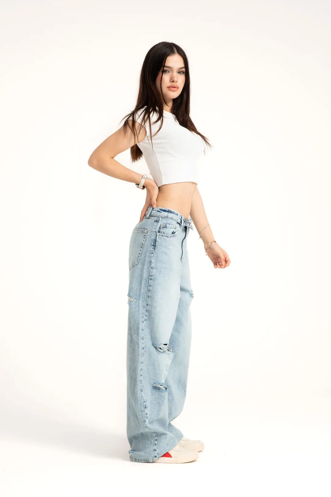 Buz Mavi Yırtıklı Ters Kemer Straight Jean