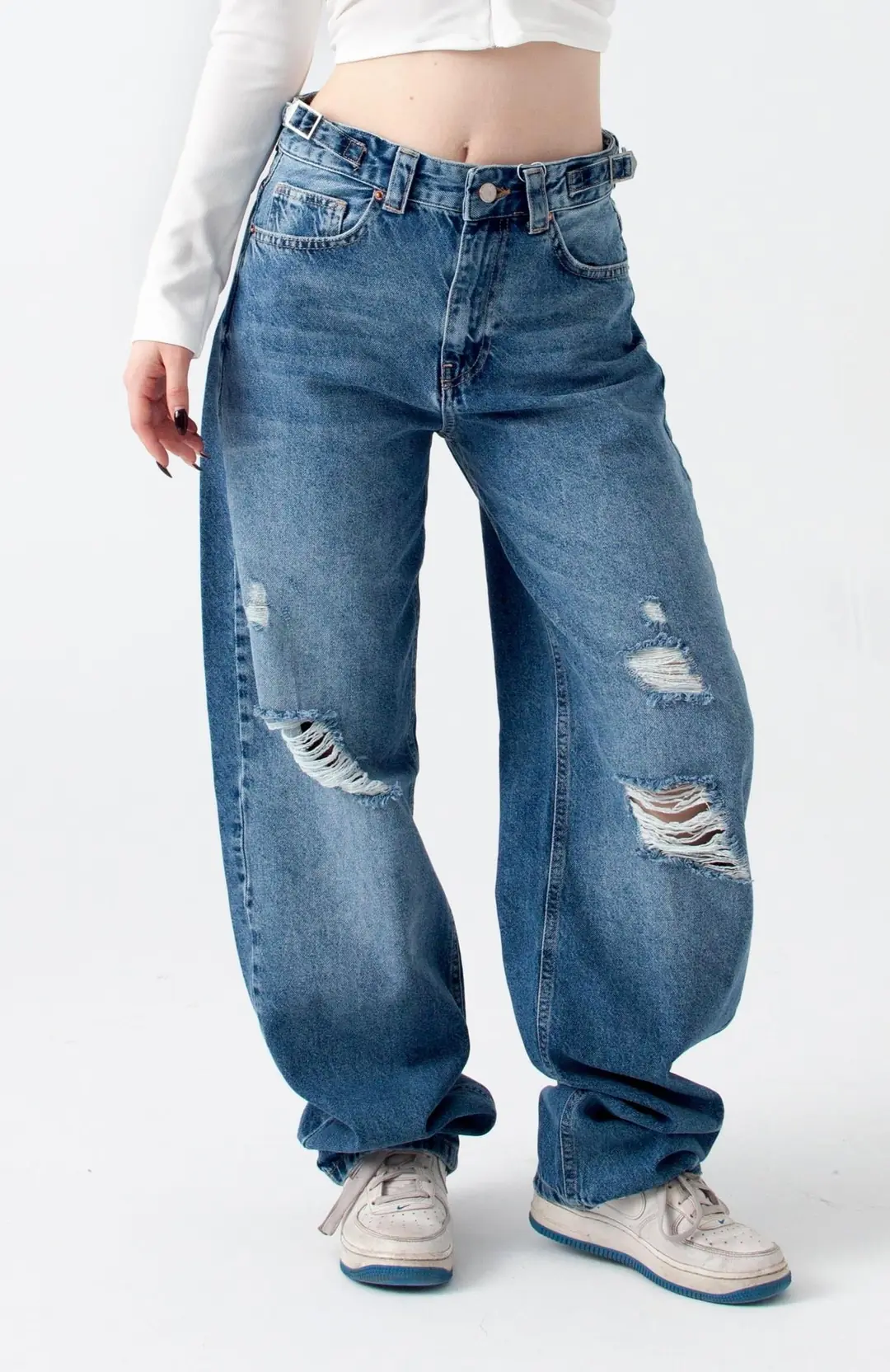 Ürün görseli: Mavi Yırtıklı Kemer Detay Wide Leg Jean