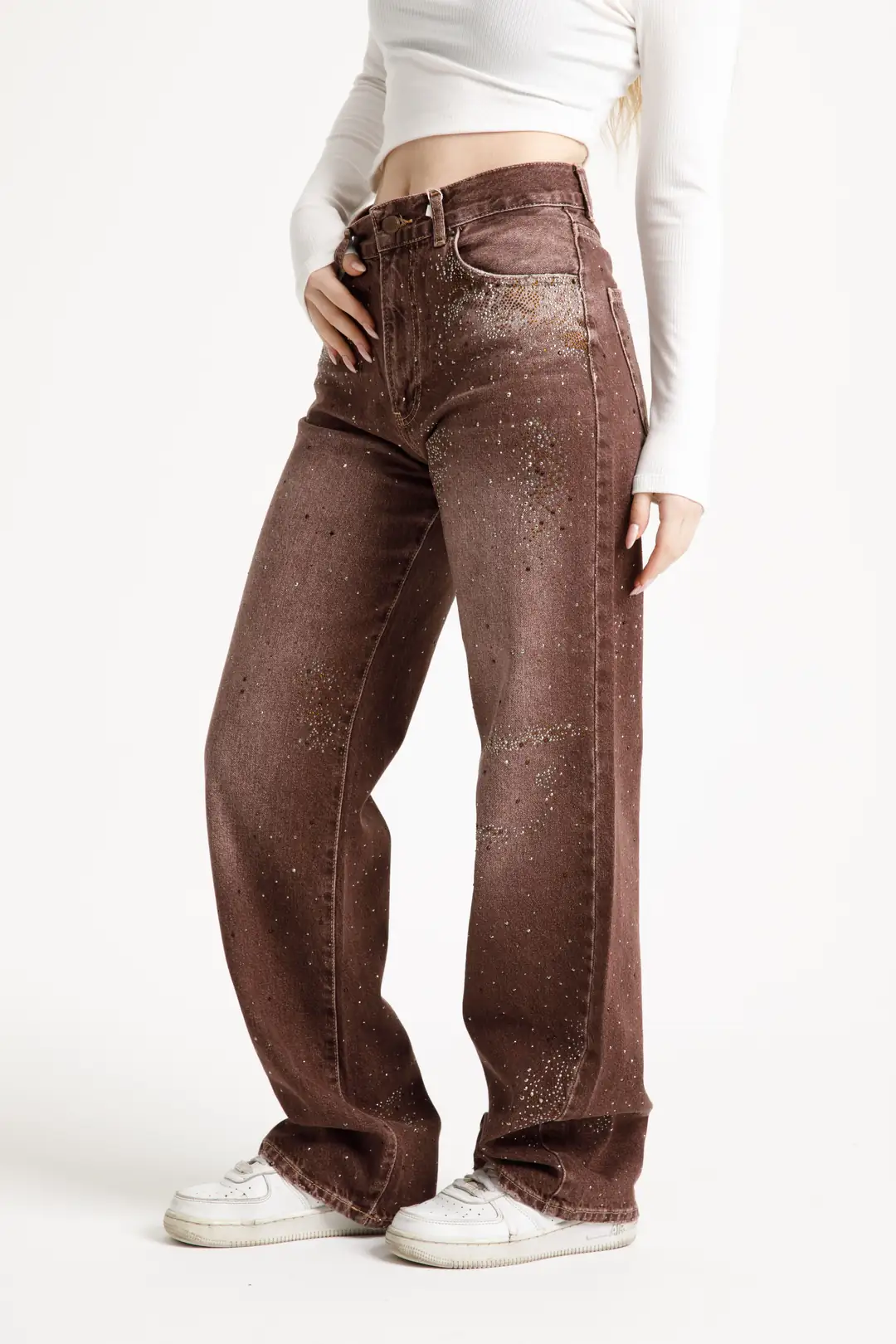Acı Kahve Taşlı Loose Fit Jean
