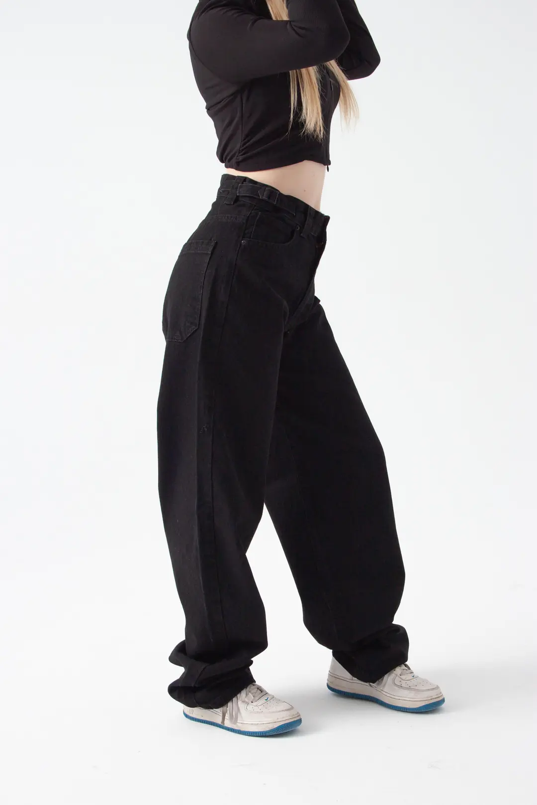 Siyah Kemer Detay Wide Leg Jean