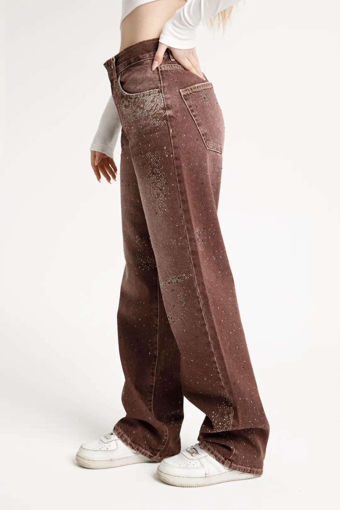 Acı Kahve Taşlı Loose Fit Jean