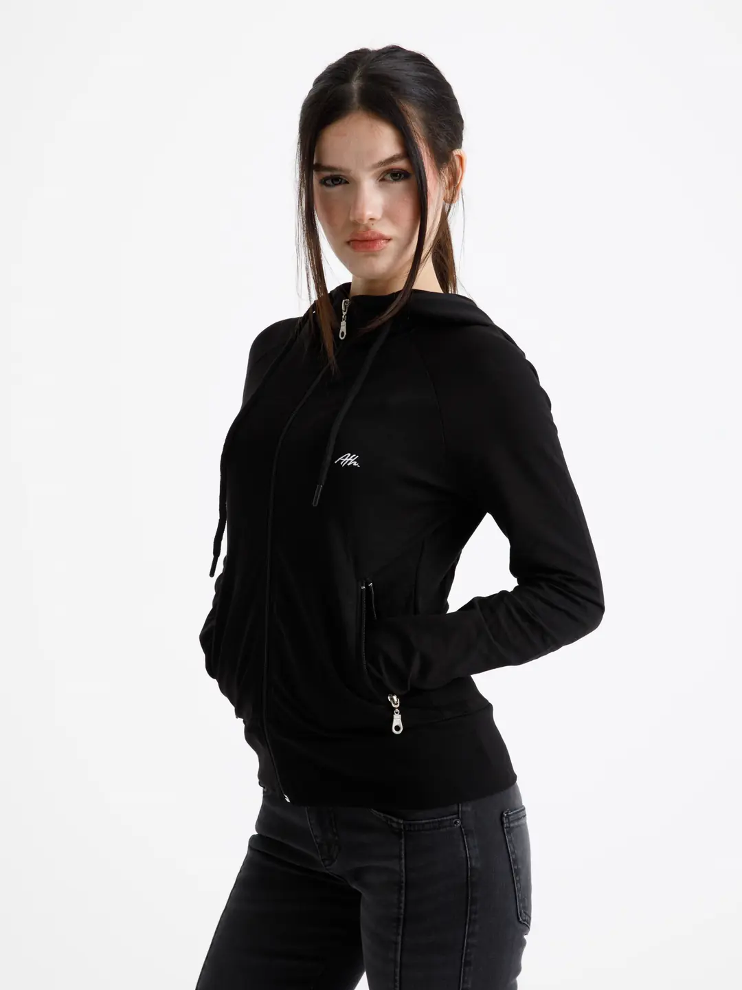 Siyah Vücuda Oturan Yazlık Zip-Hoodie