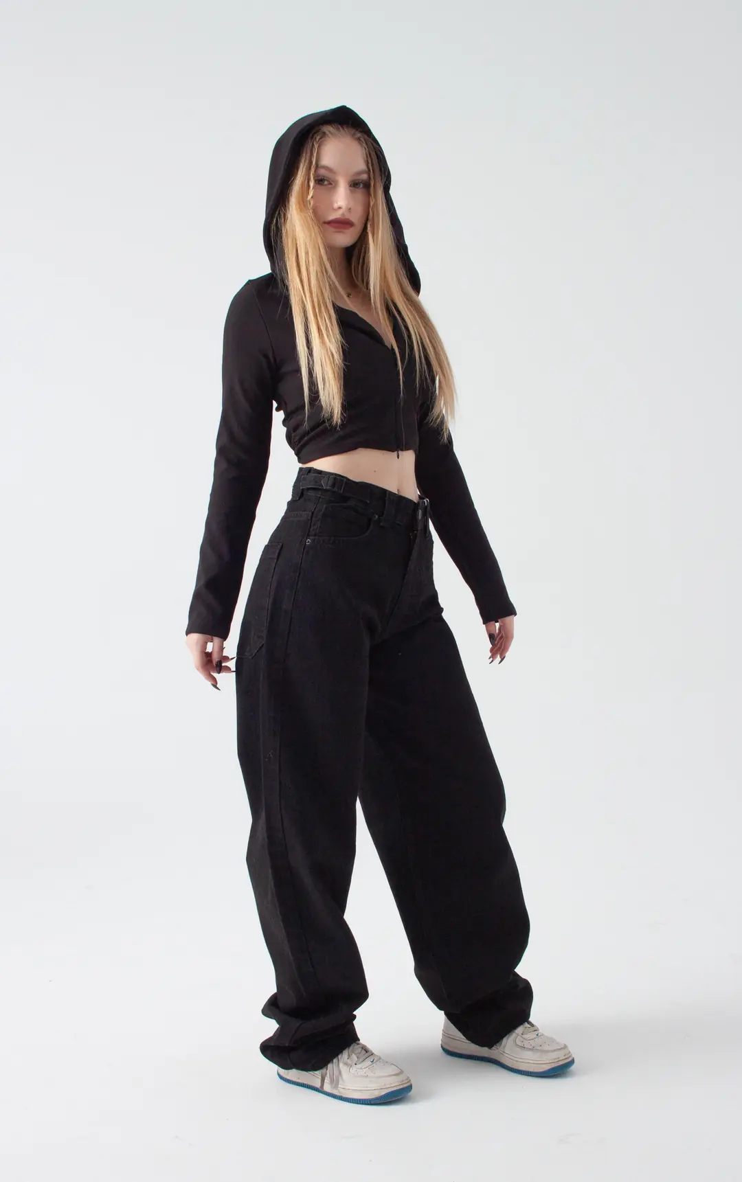 Siyah Kemer Detay Wide Leg Jean