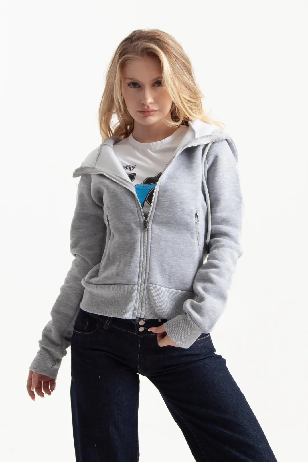 Gri Vücuda Oturan Kışlık Zip-Hoodie