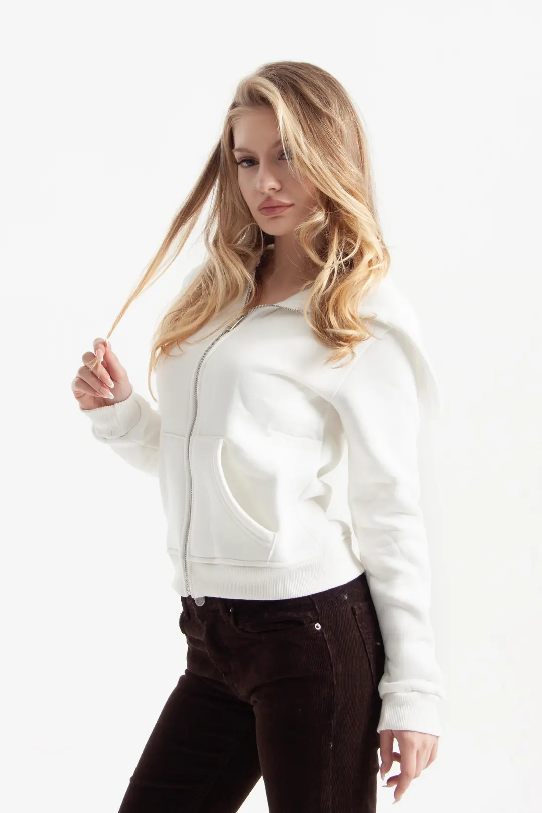 Beyaz Retro-Fit Vücuda Oturan Zip-Hoodie