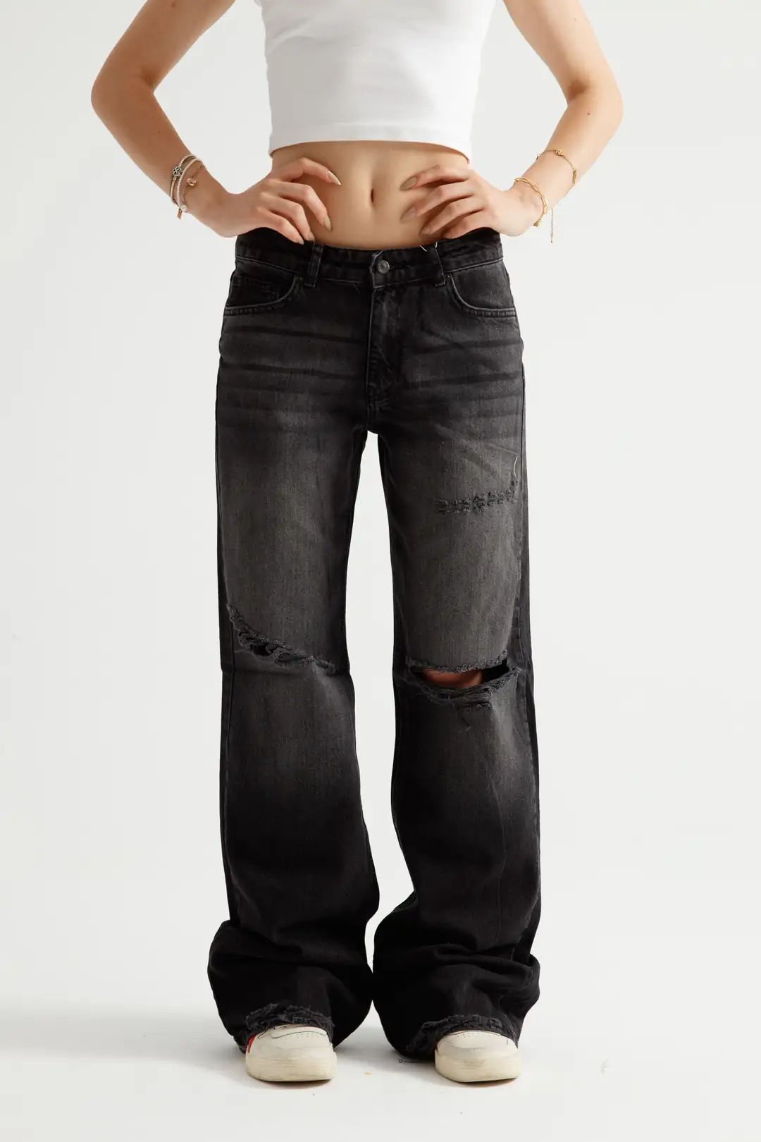 Antrasit Yırtıklı Baggy Flare Jean