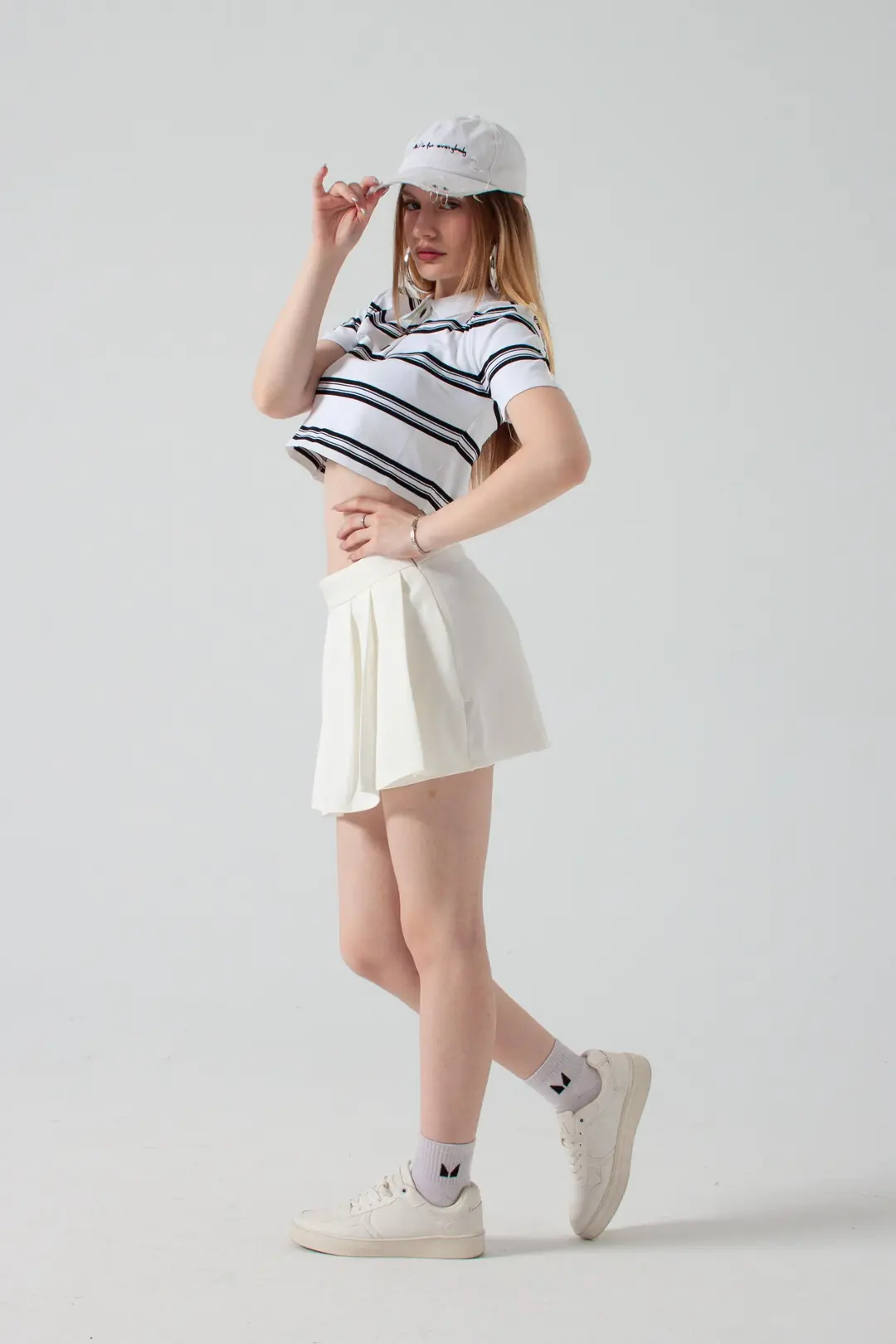 Beyaz Çizgili Polo Yaka Crop T-Shirt