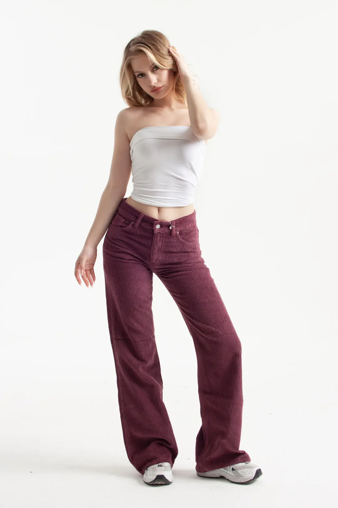 Koyu Mürdüm Kadife Kumaş Flare Jean