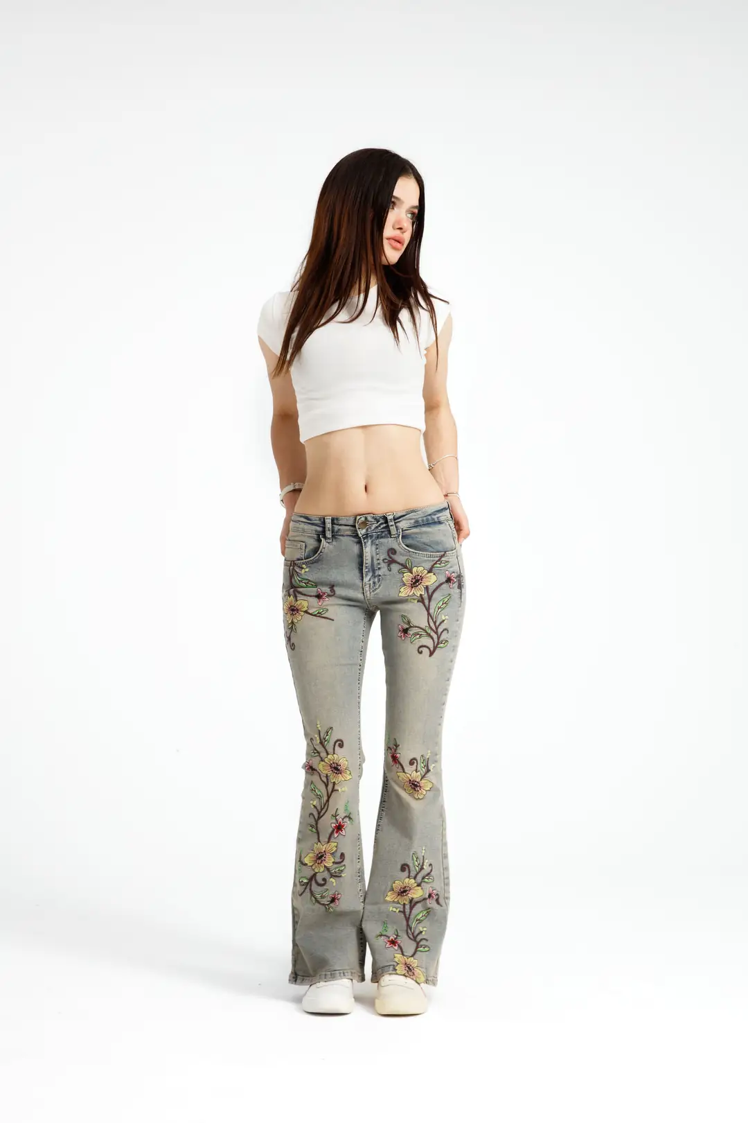 Çiçek Desenli Flare Jean