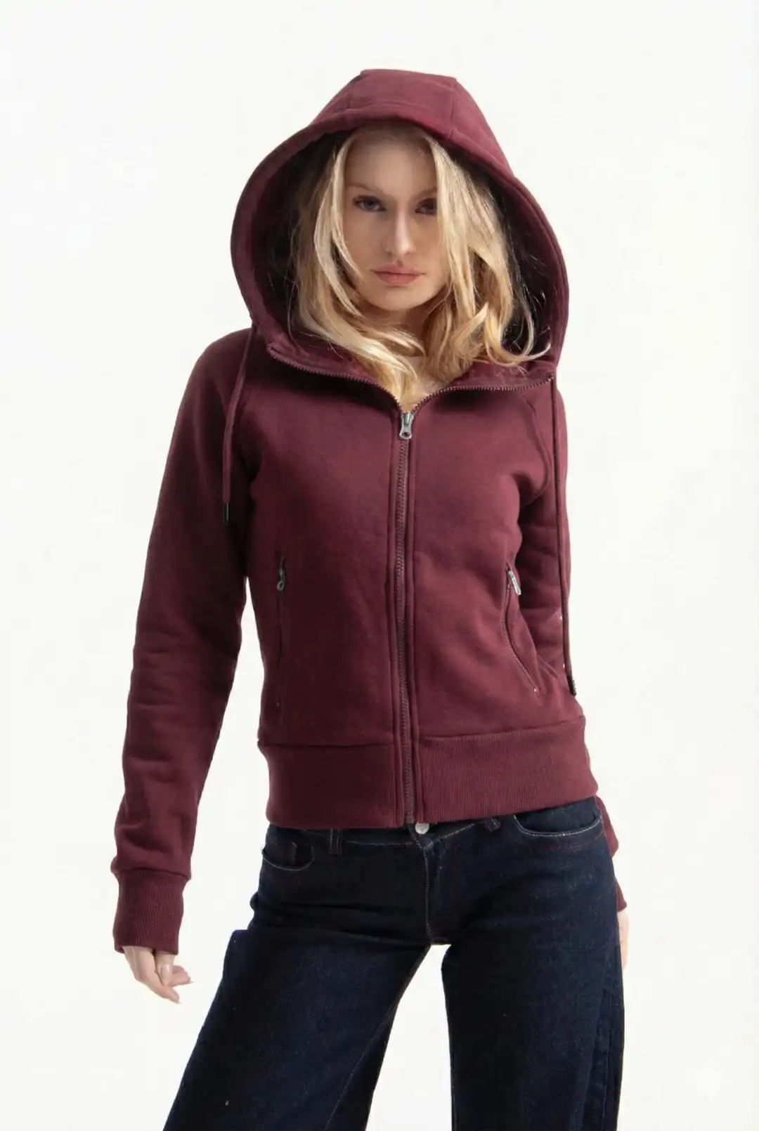 Bordo Vücuda Oturan Kışlık Zip-Hoodie