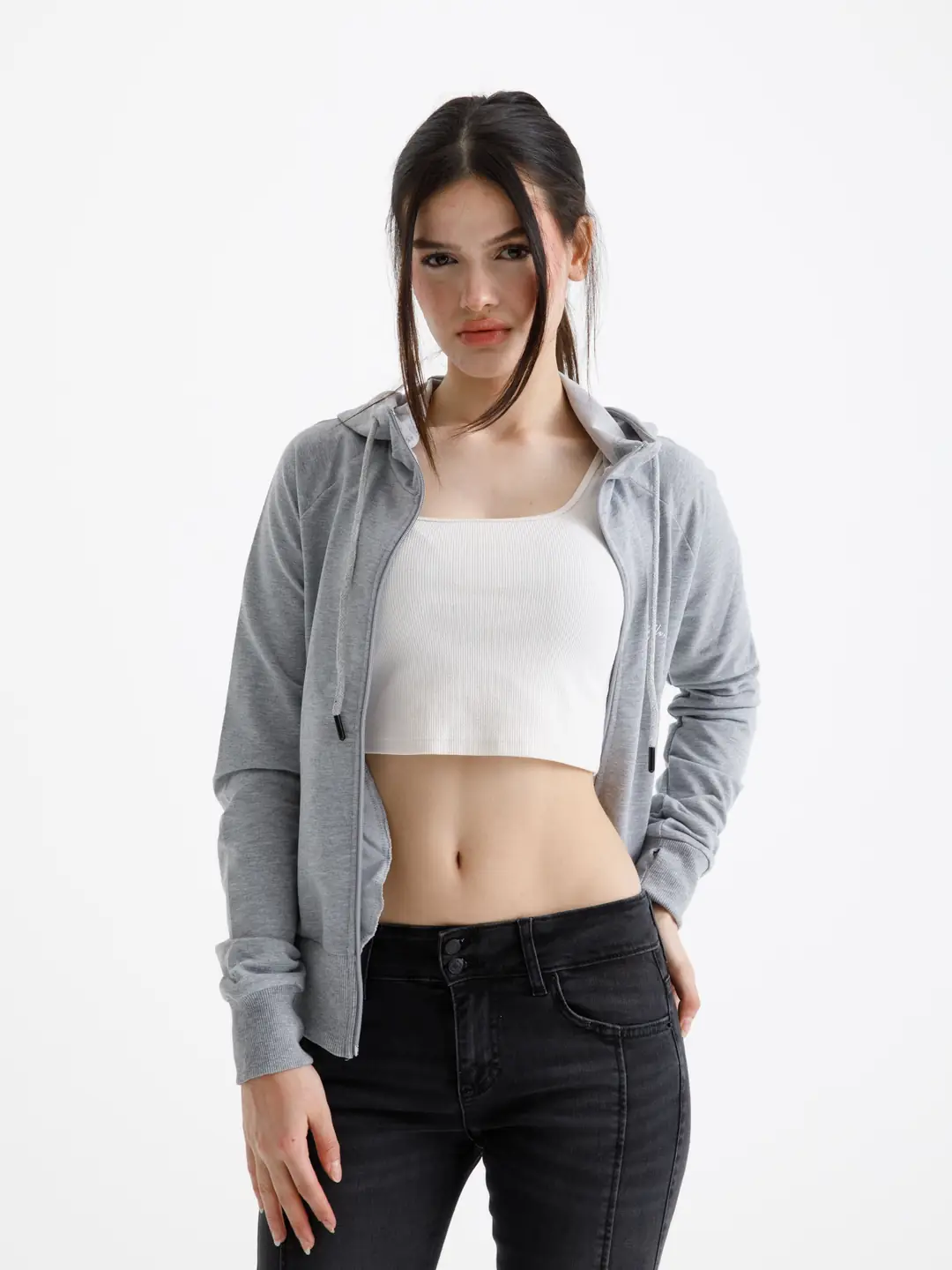 Gri Vücuda Oturan Yazlık Zip-Hoodie