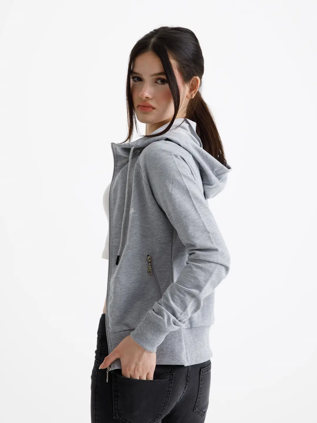 Gri Vücuda Oturan Yazlık Zip-Hoodie