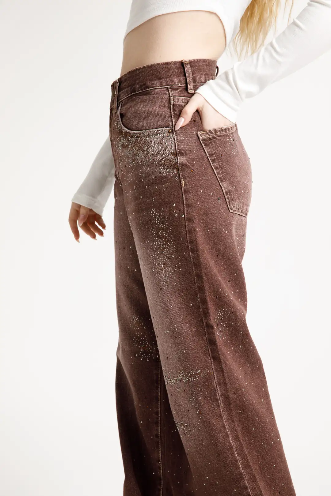 Acı Kahve Taşlı Loose Fit Jean