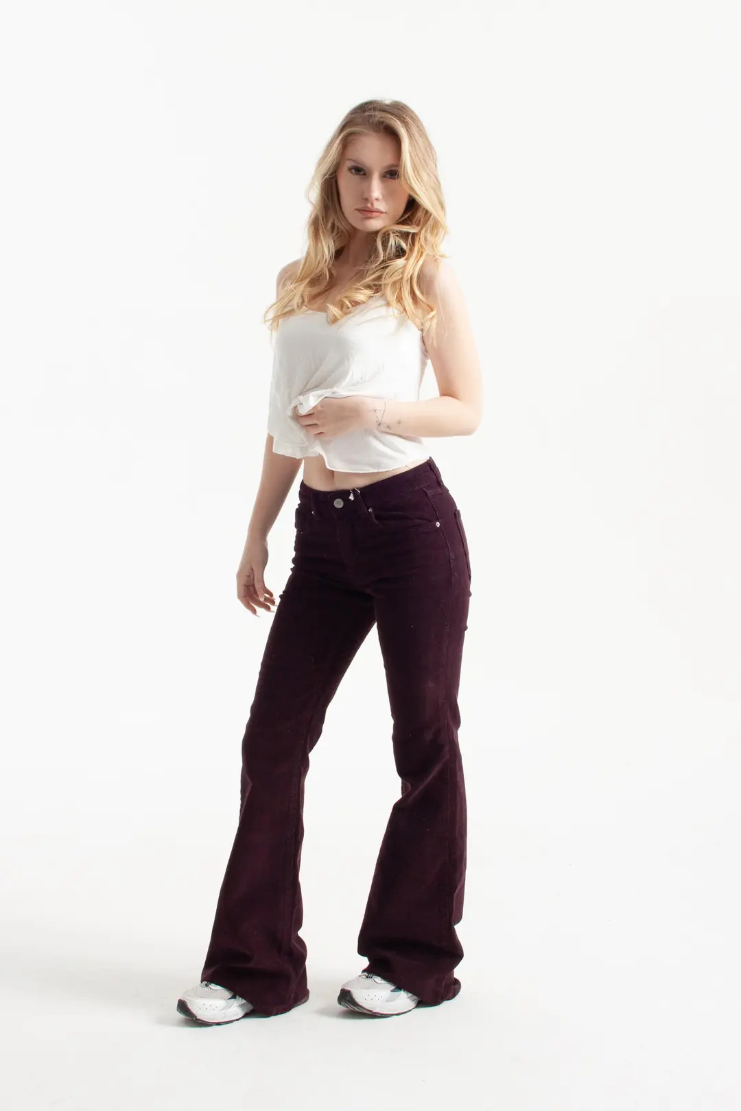 Mor İnce Fitilli Kadife Kumaş Flare Jean