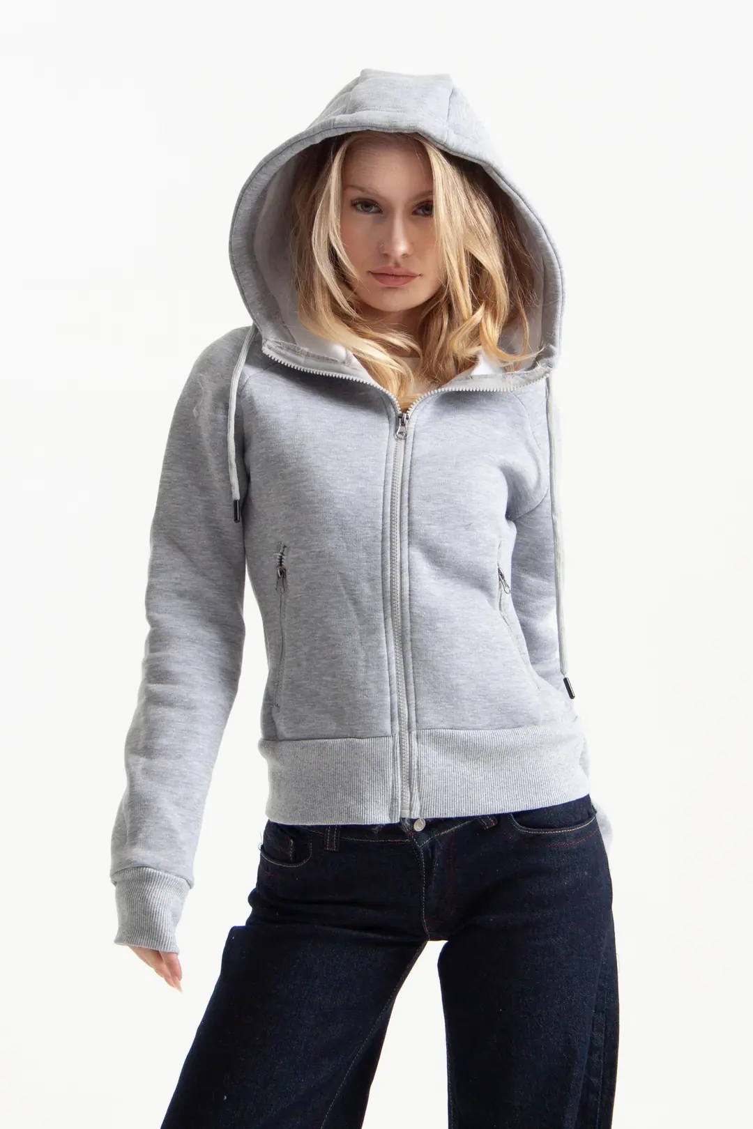 Gri Vücuda Oturan Kışlık Zip-Hoodie