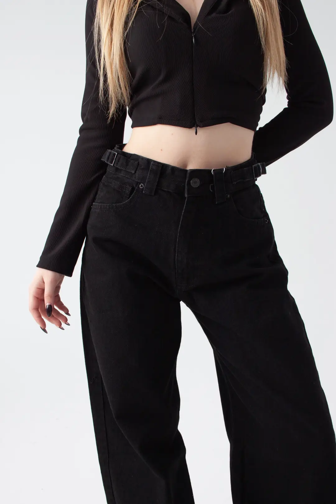 Siyah Kemer Detay Wide Leg Jean