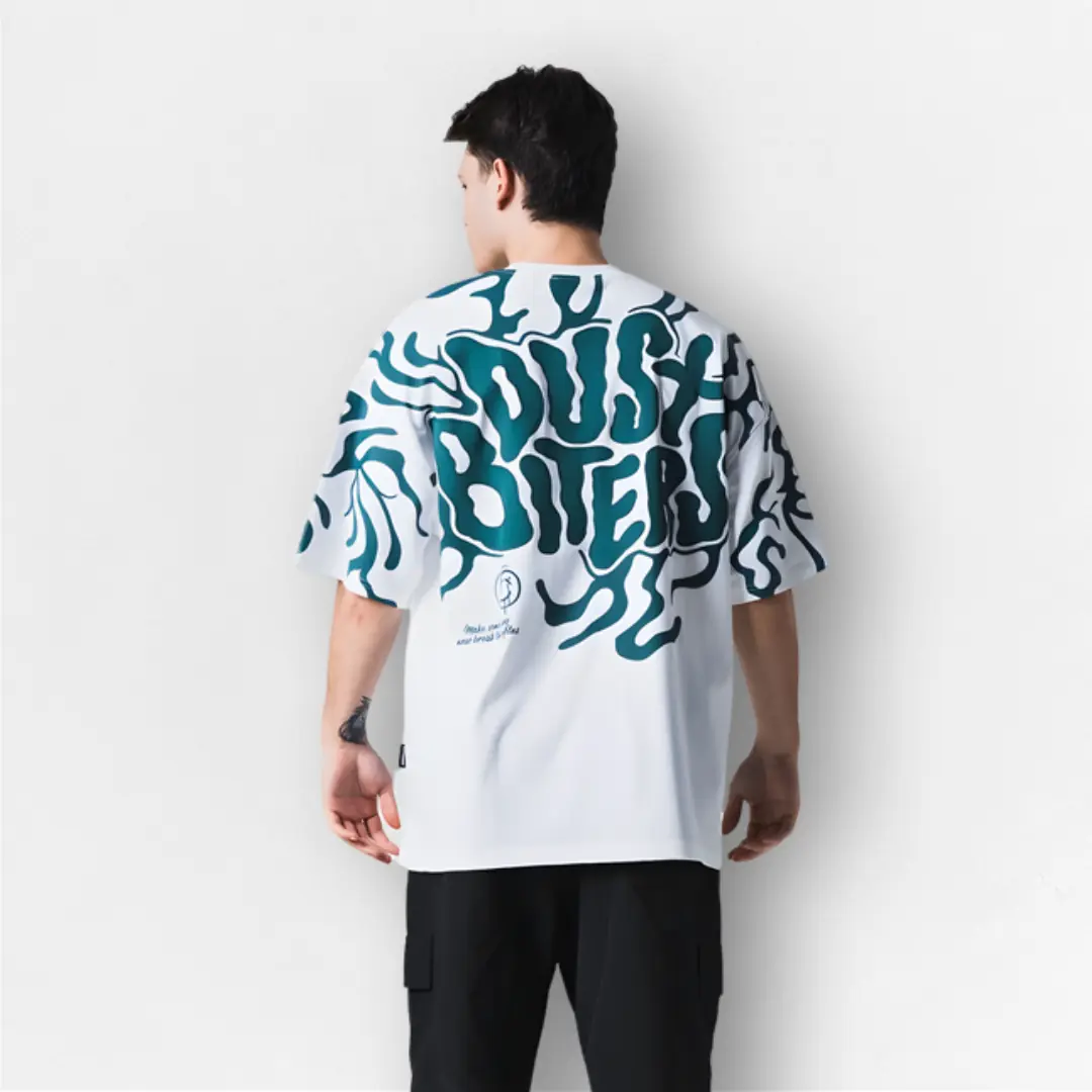 Beyaz Dust Biters Baskılı Unisex Oversize Tişört