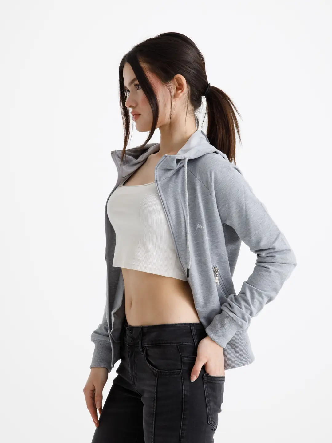 Gri Vücuda Oturan Yazlık Zip-Hoodie