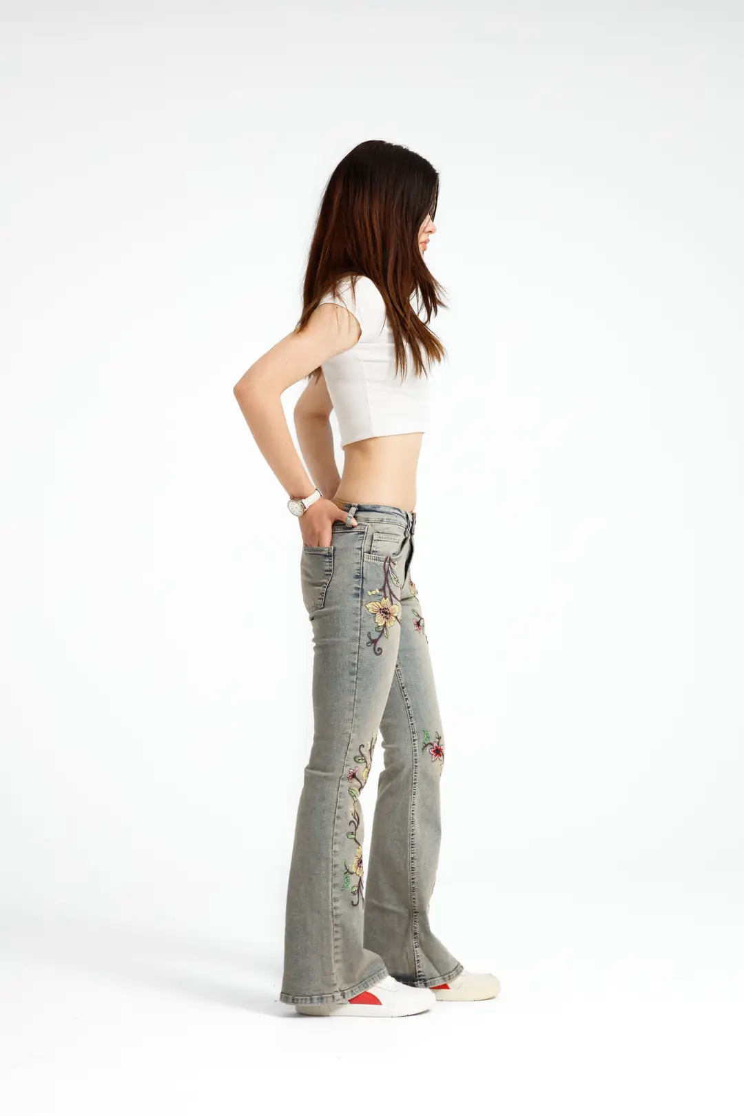Çiçek Desenli Flare Jean