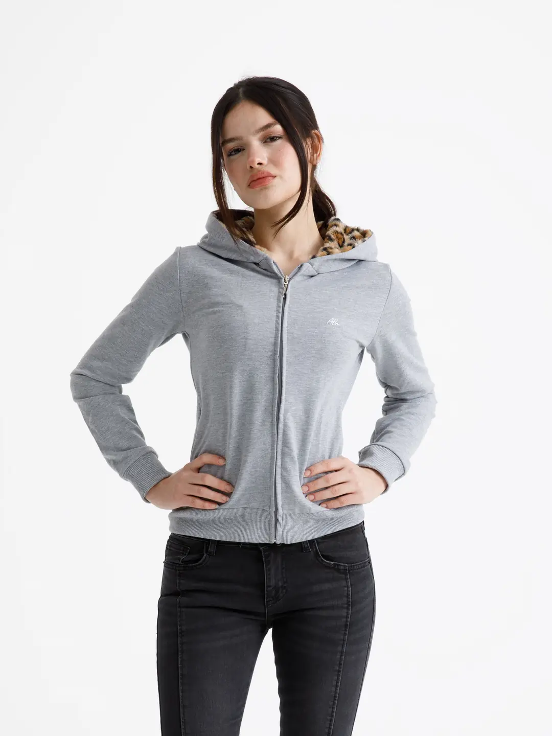 Gri Vücuda Oturan Leoparlı Yazlık Zip-Hoodie