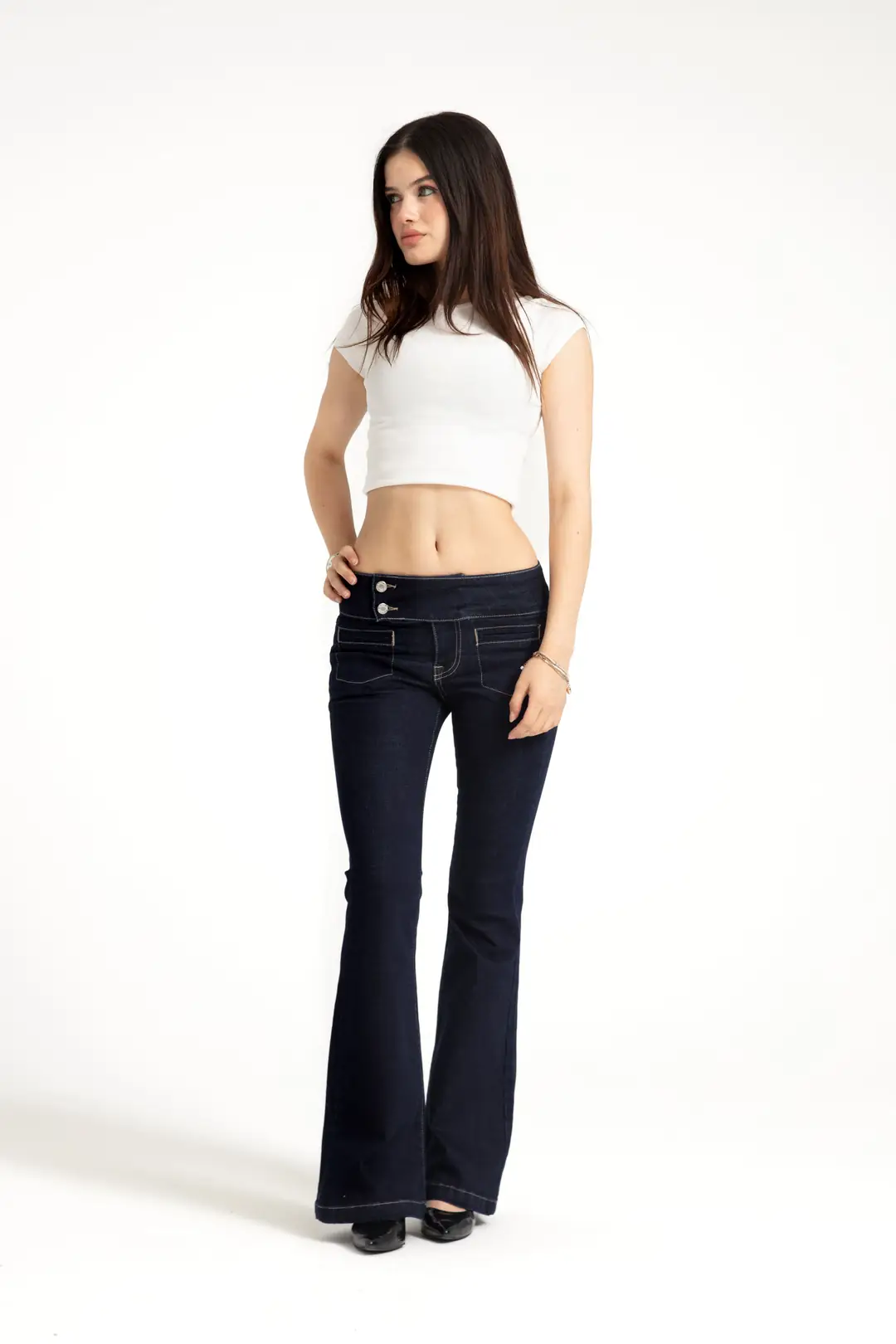 Koyu İndigo Orta Bel Flare Jean