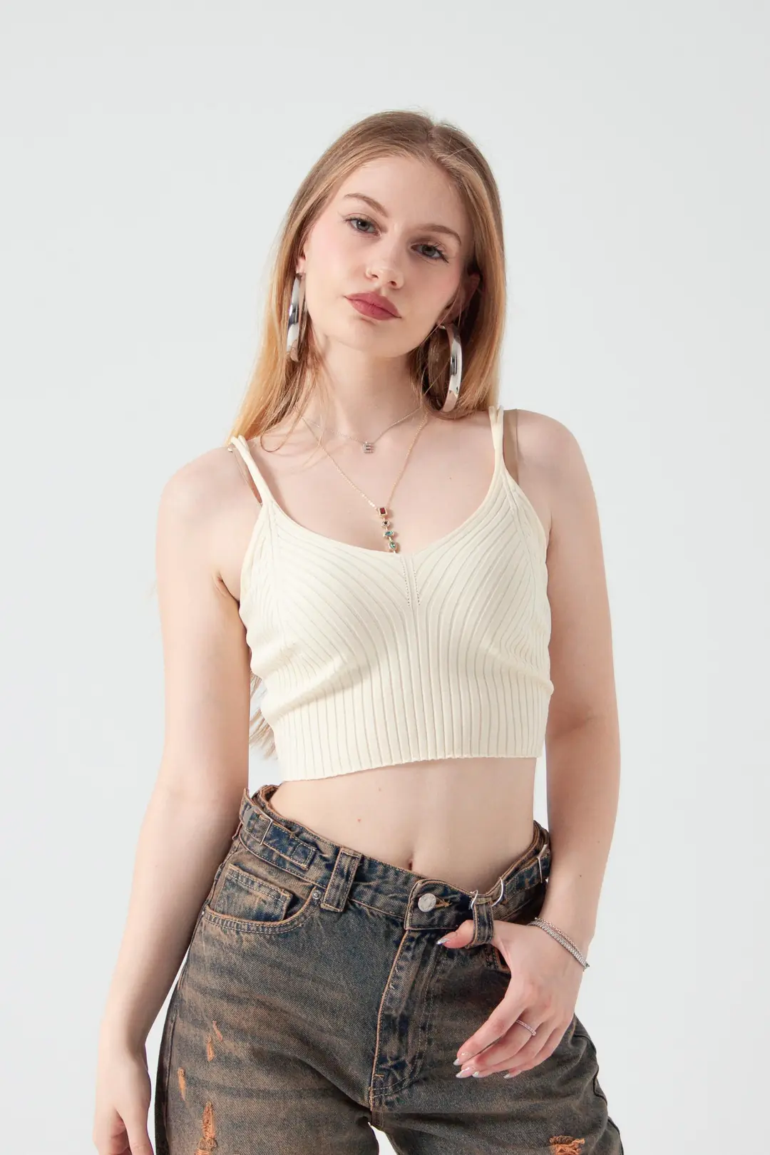 Ekru Crop Bluz